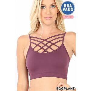 2X/3X Eggplant Triple Criss Cross Bralette + bra pads Zenana wireless seamless